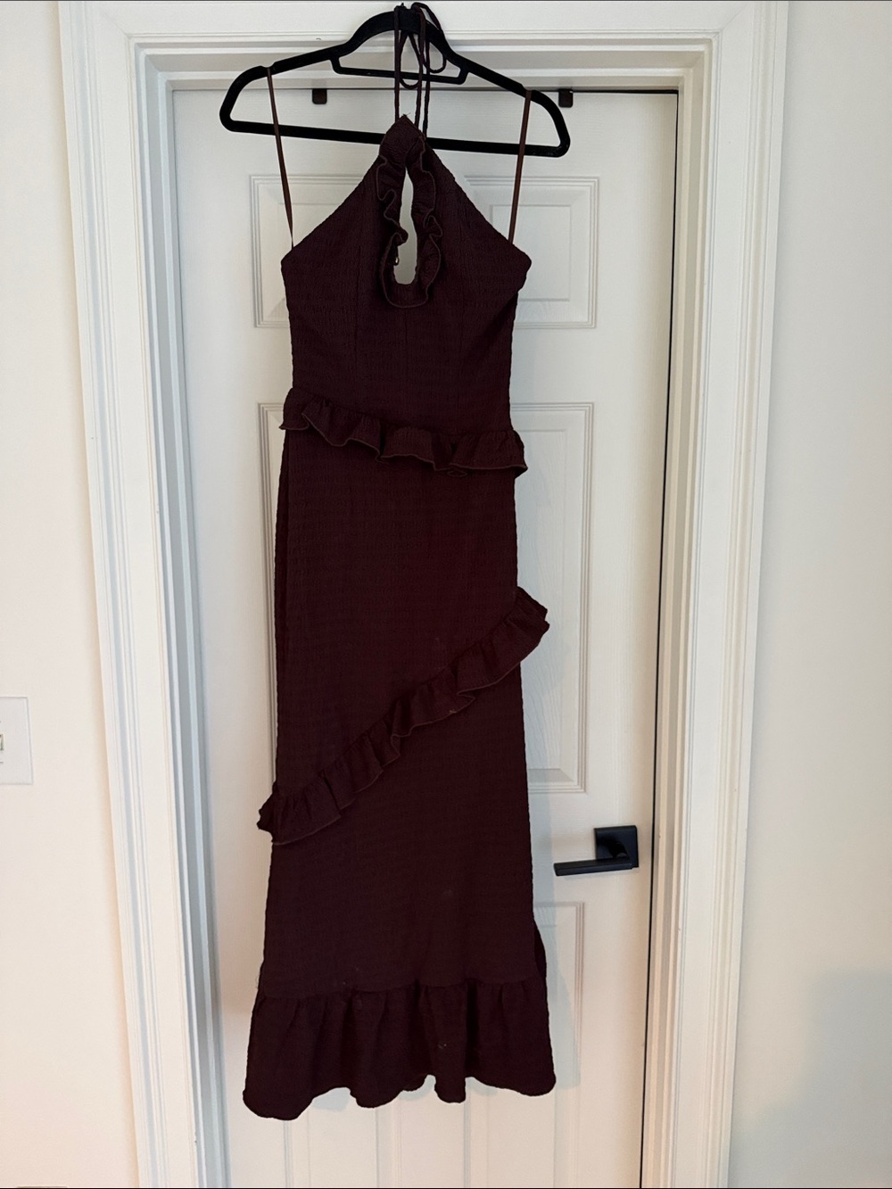 Ruffle-Trim Halter Maxi Dress in Burgundy